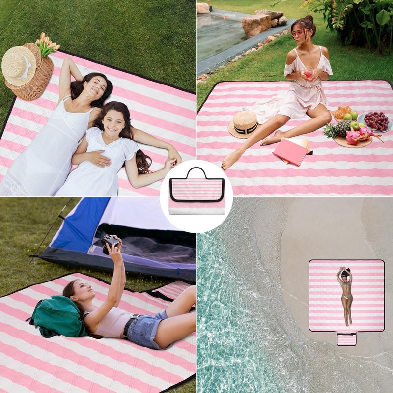 BEW Waterproof Picnic Blankets,79''x79'' Extra Large Foldable Sandproof Beach Blanket,Portable 3-Layer Polyester Outdoor Picnic Blanket for Grass Lawn,Beach,Family Camping,Park,Travel-Pink Stripe - Image 4